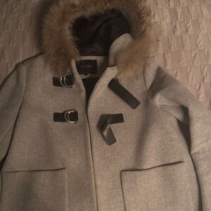 Maje Light Gray Coat with Faux Fur Hood
